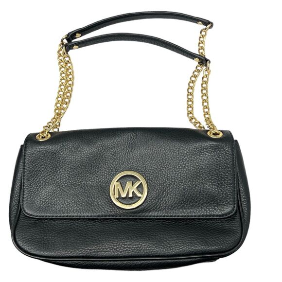 Michael Kors purse black leather gold chain shoulder flap fulton small bag - Picture 1 of 16